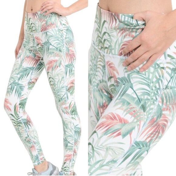 Mono B Palm Print Legging Sports Bra Set Pink Green Size L - Picture 4 of 13